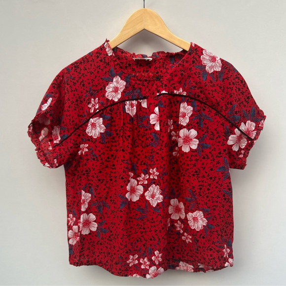 ZADIG & VOLTAIRE BLOUSE TERSON RED FLORAL PRINT SILK SIZE LARGE SHORT SLEEVE - Picture 7 of 11